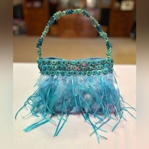 Vintage Y2K Blue Feather Beaded Handbag